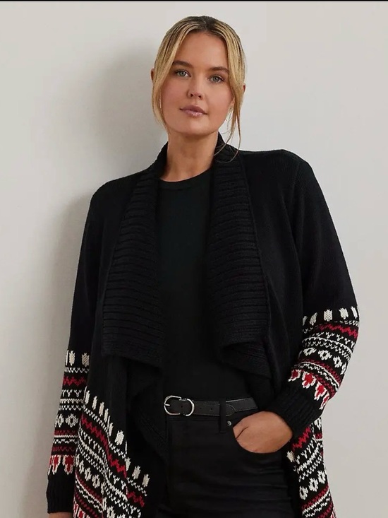 Lauren Ralph Lauren Sweaters - Lauren Ralph Lauren Black Open-Front Cardigan with Red & White Fair Isle Sleeves